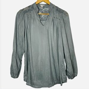 Trinity Sheer Gray Cotton Silk Embroidered Long Sleeve Top